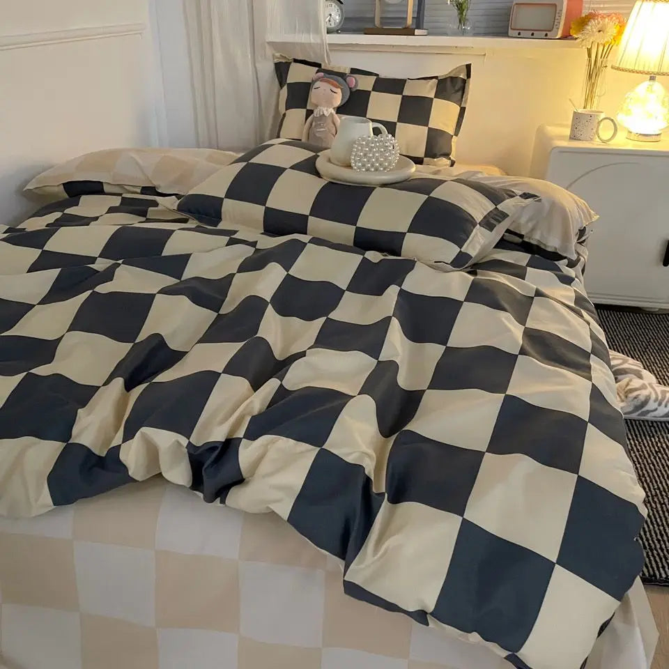 Simple Bedding Set Plaid Sold Color Single Queen Size Duvet Cover
