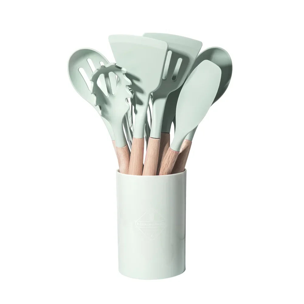 12pcs Set of Multi-color Silicone Wooden Handle Kitchenware Set