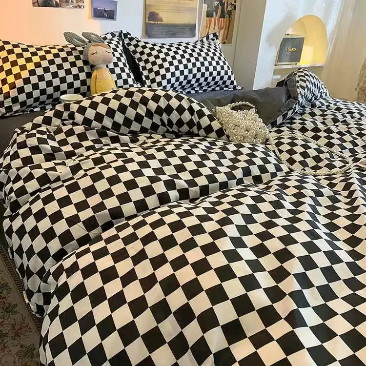 Simple Bedding Set Plaid Sold Color Single Queen Size Duvet Cover