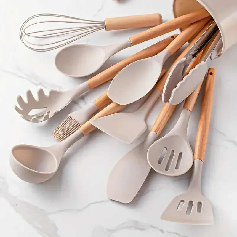 12pcs Set of Multi-color Silicone Wooden Handle Kitchenware Set