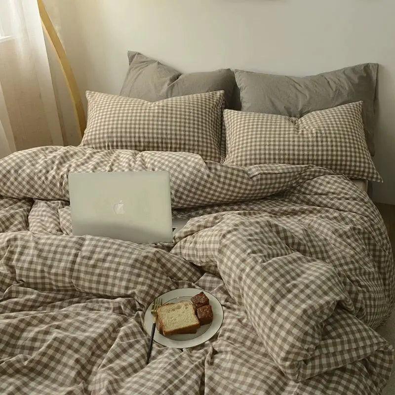 Simple Bedding Set Plaid Sold Color Single Queen Size Duvet Cover