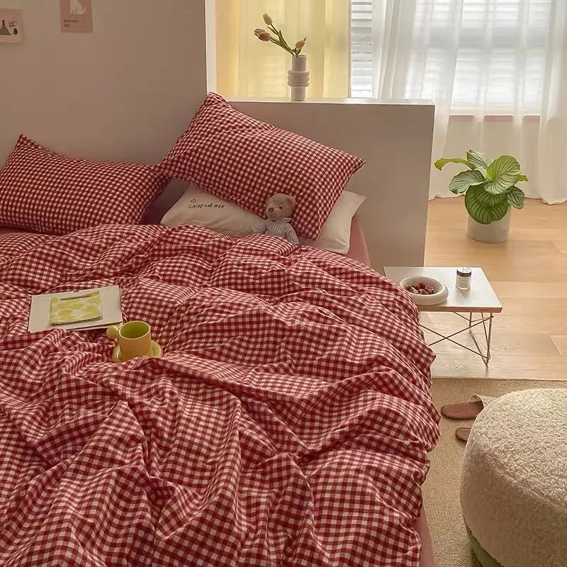 Simple Bedding Set Plaid Sold Color Single Queen Size Duvet Cover