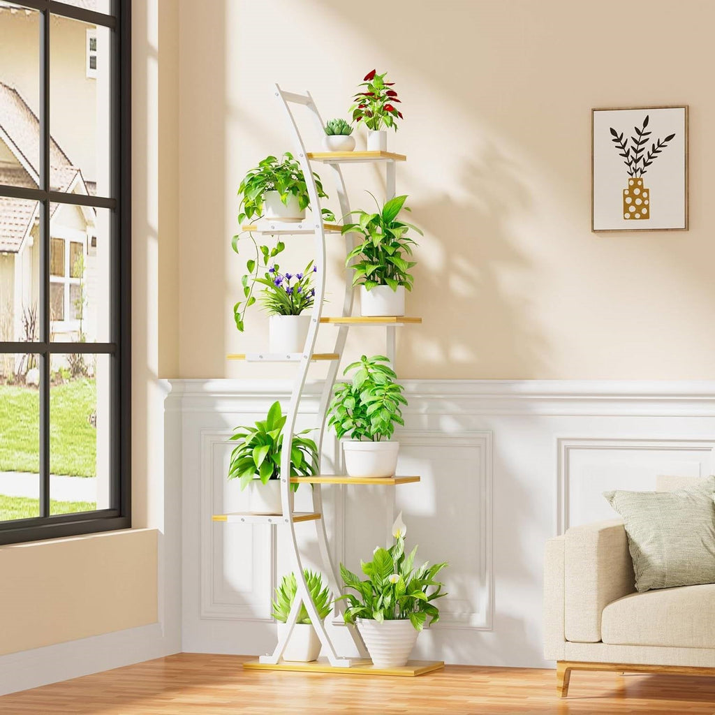 63-inch Tall Indoor Plant Stand with White Metal Frame and Wood Shelves