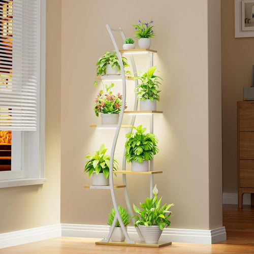 63-inch Tall Indoor Plant Stand with White Metal Frame and Wood Shelves