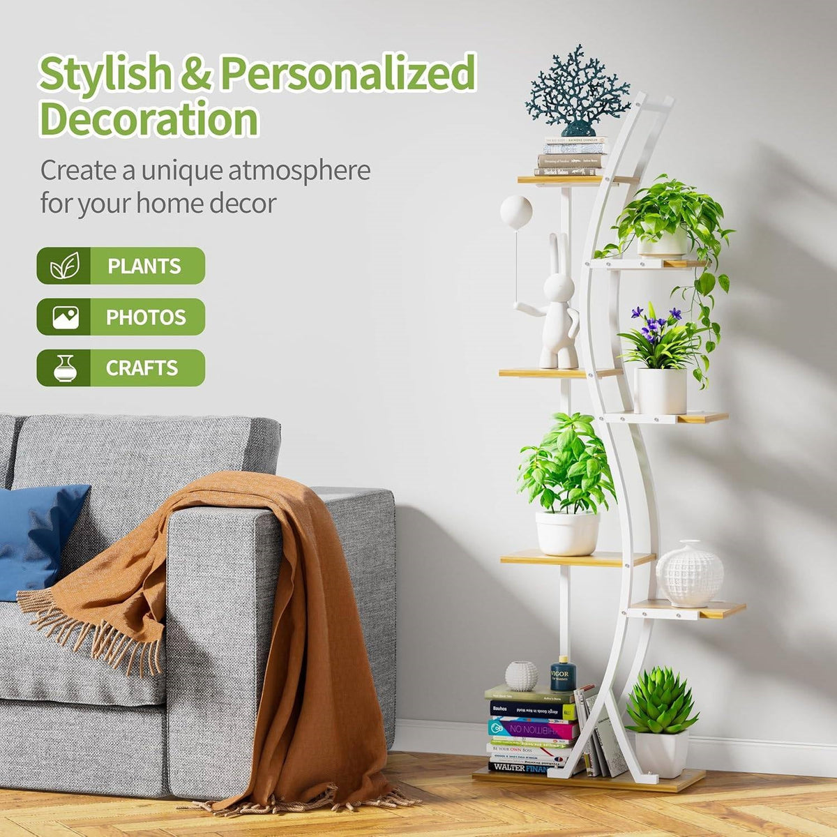 63-inch Tall Indoor Plant Stand with White Metal Frame and Wood Shelves