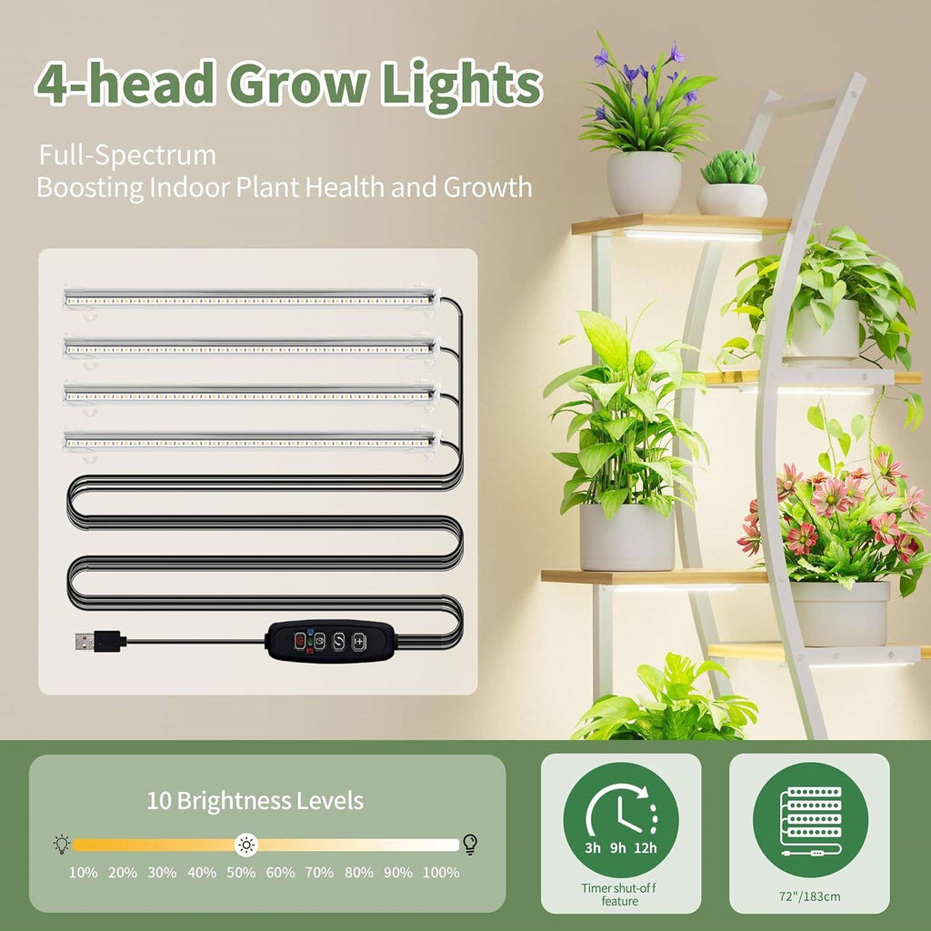 63-inch Tall Indoor Plant Stand with White Metal Frame and Wood Shelves