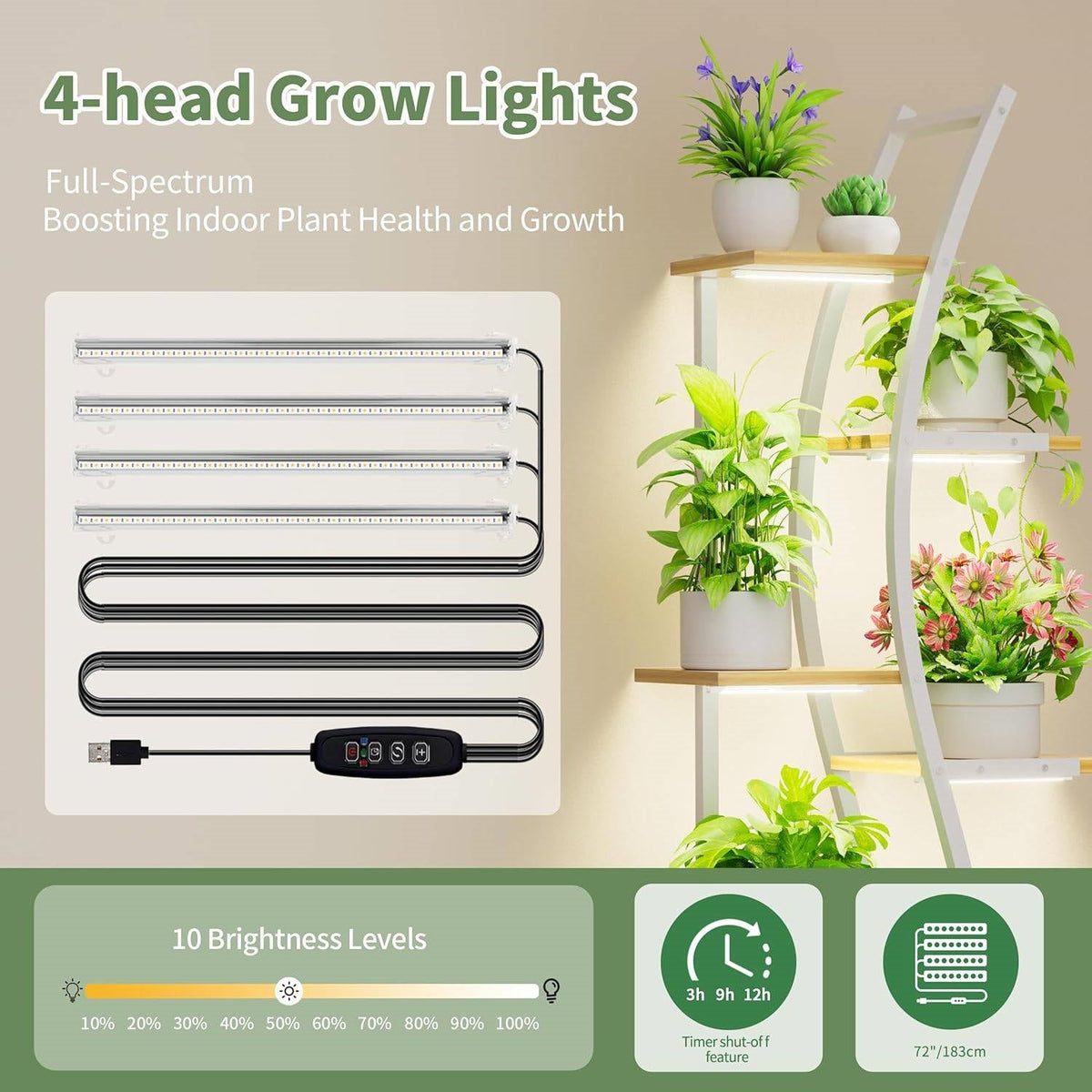 63-inch Tall Indoor Plant Stand with White Metal Frame and Wood Shelves