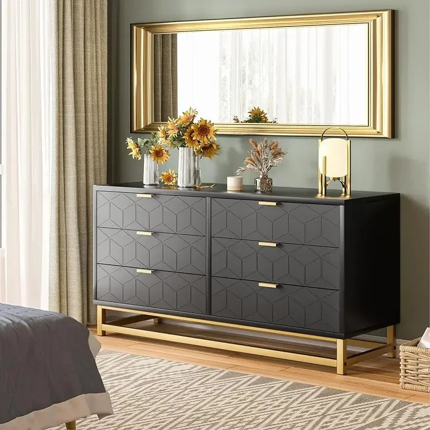 Black 6 Drawer Dresser for Bedroom, Wood Chest of Drawers with Metal Legs
