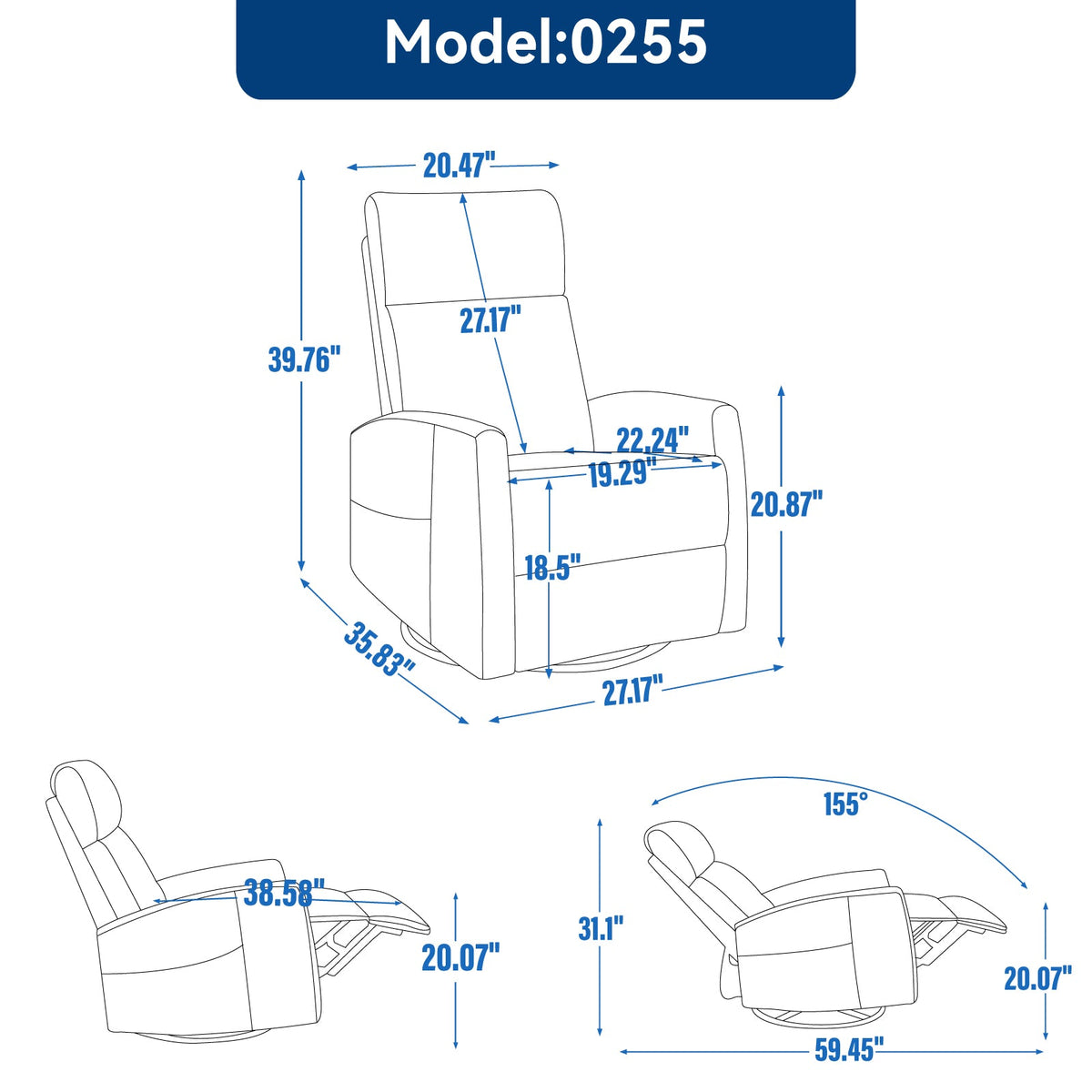 Heat Massage Manual Recliner Chair with Rocker and Swivel in Fabric for Living Room