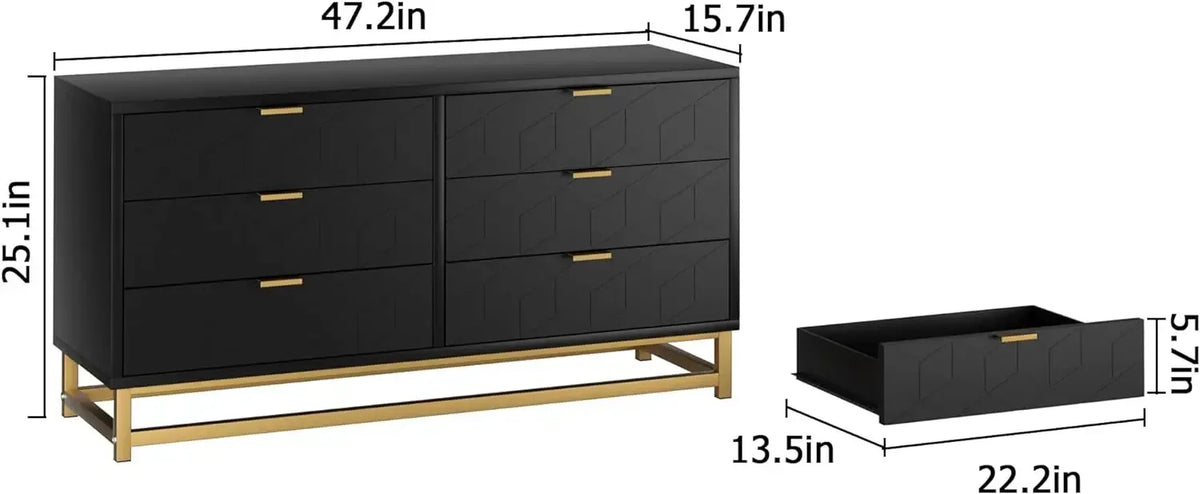 Black 6 Drawer Dresser for Bedroom, Wood Chest of Drawers with Metal Legs