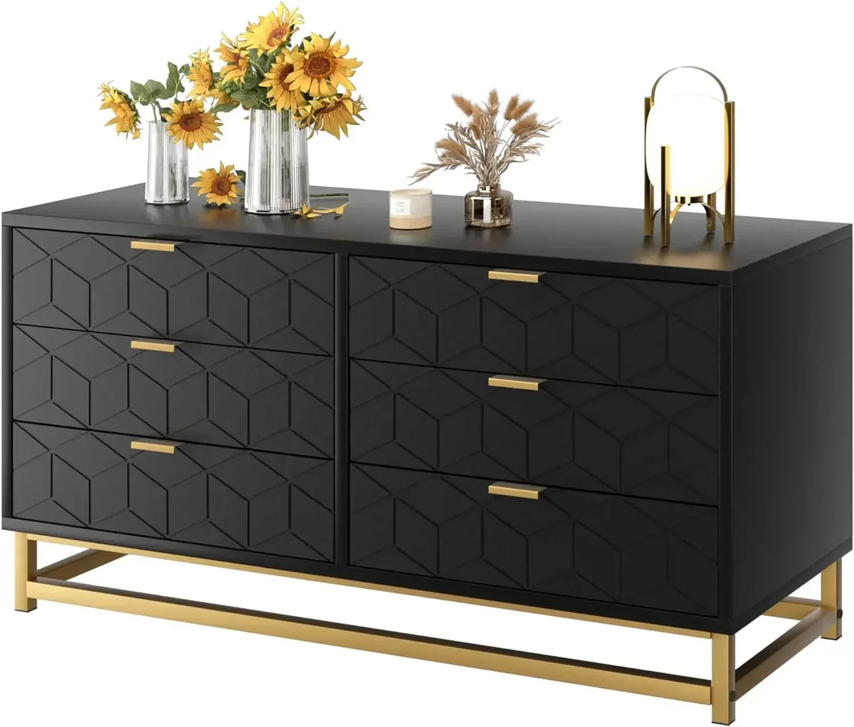 Black 6 Drawer Dresser for Bedroom, Wood Chest of Drawers with Metal Legs