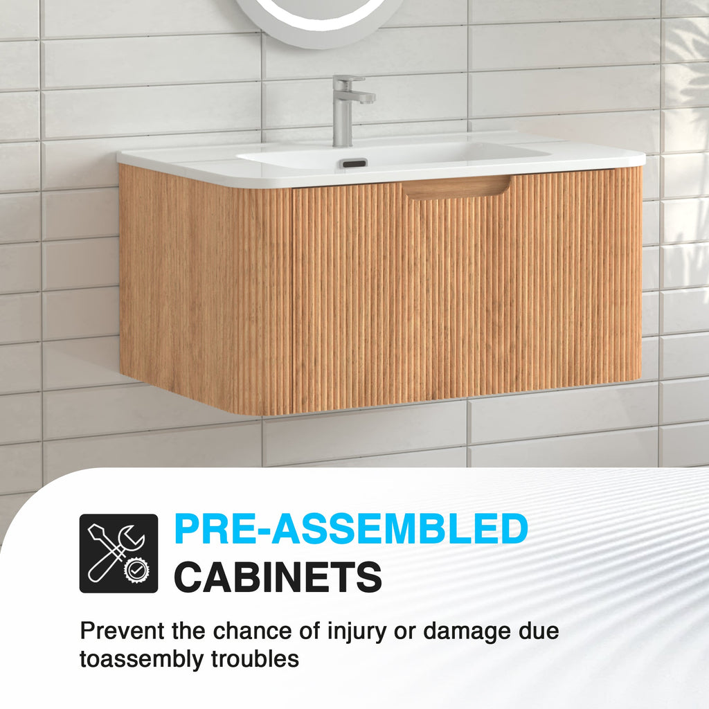 30" Wall-Mounted Floating Solid Wood Bathroom Vanity