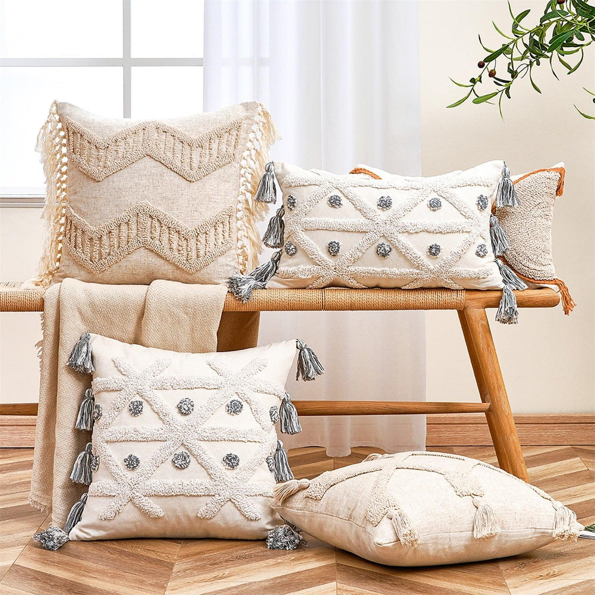 Cushion Cover Cotton Linen Pillowcase Tufted Beige Decorative