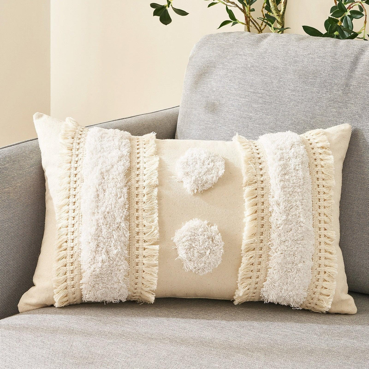 Cushion Cover Cotton Linen Pillowcase Tufted Beige Decorative