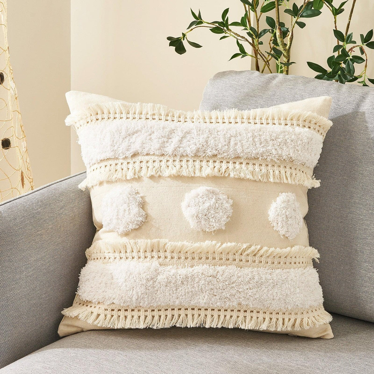 Cushion Cover Cotton Linen Pillowcase Tufted Beige Decorative