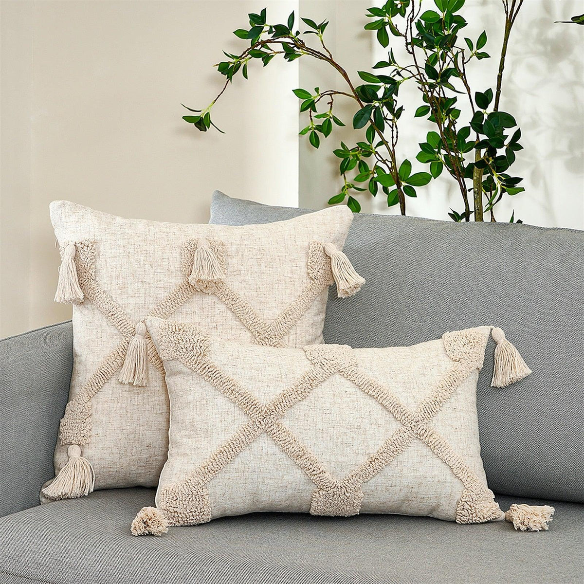 Cushion Cover Cotton Linen Pillowcase Tufted Beige Decorative