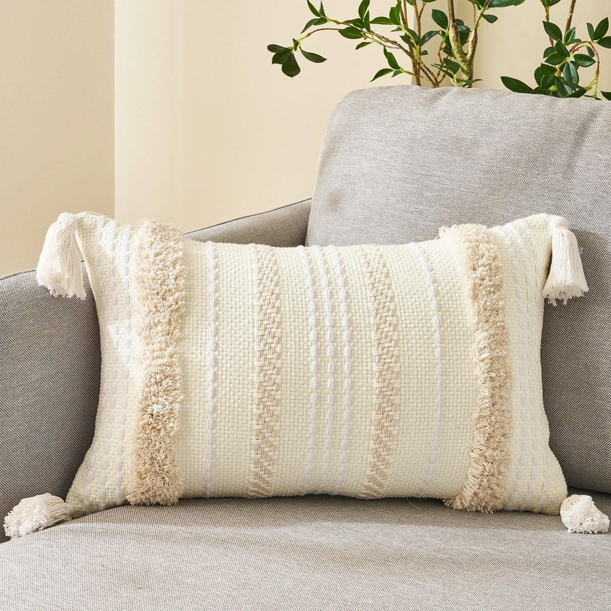 Cushion Cover Cotton Linen Pillowcase Tufted Beige Decorative