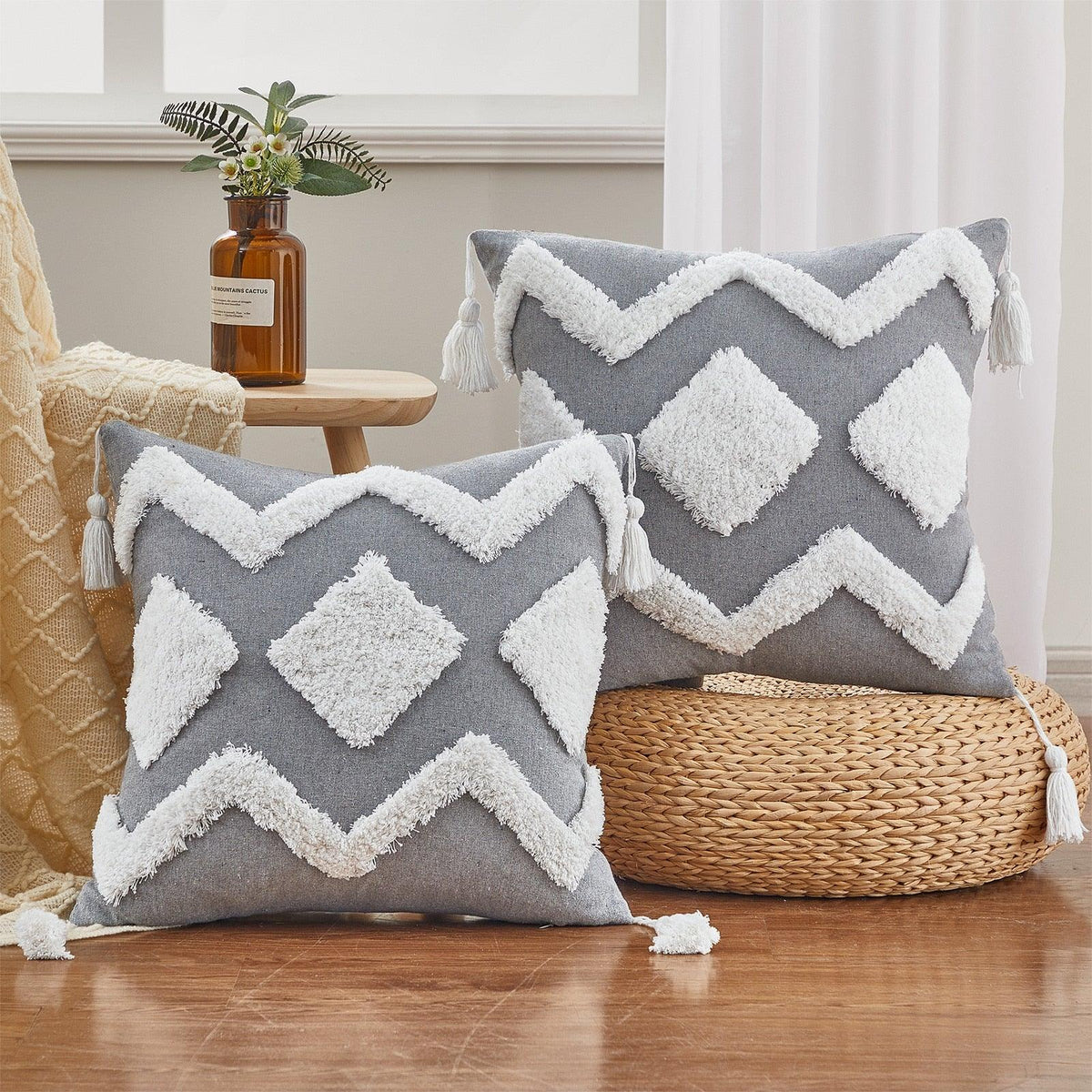 Cushion Cover Cotton Linen Pillowcase Tufted Beige Decorative