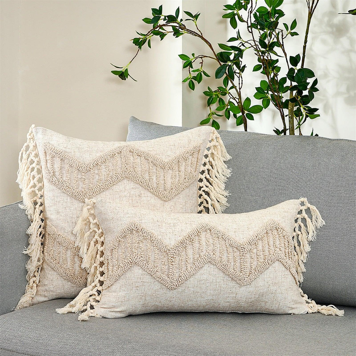 Cushion Cover Cotton Linen Pillowcase Tufted Beige Decorative