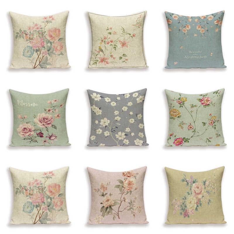 Decorative Plant Flower Throw Pillow Cover Soft Linen Cushion Cover