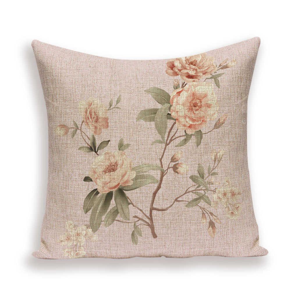 Decorative Plant Flower Throw Pillow Cover Soft Linen Cushion Cover