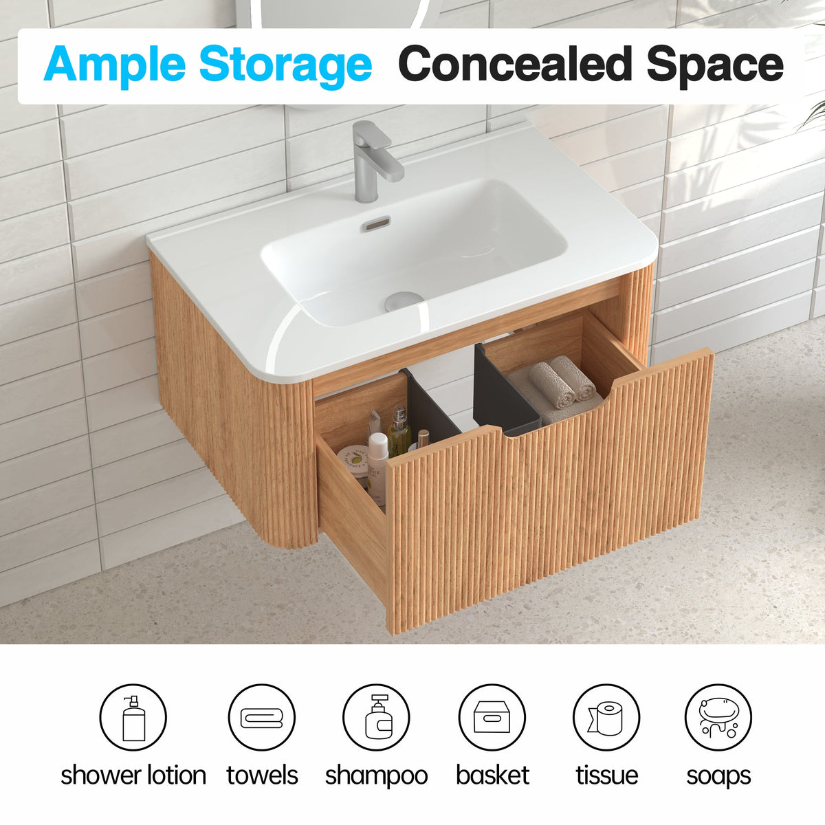 30" Wall-Mounted Floating Solid Wood Bathroom Vanity