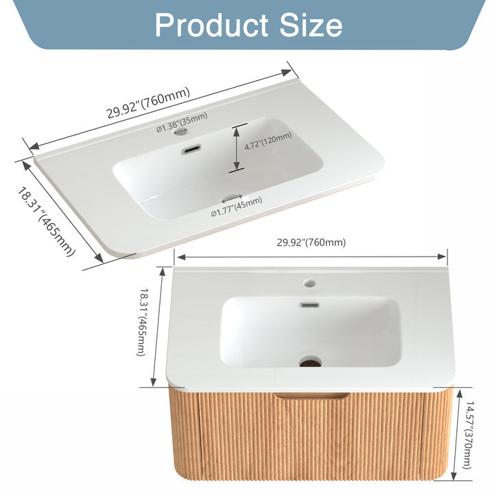 30" Wall-Mounted Floating Solid Wood Bathroom Vanity