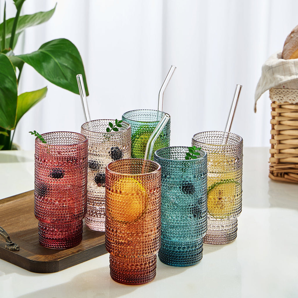 Highball Glassware, Set of 6 with 6 Glass Straws & Cleaner