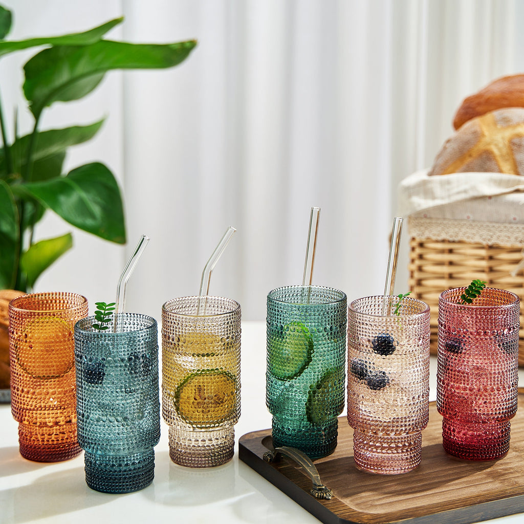 Highball Glassware, Set of 6 with 6 Glass Straws & Cleaner