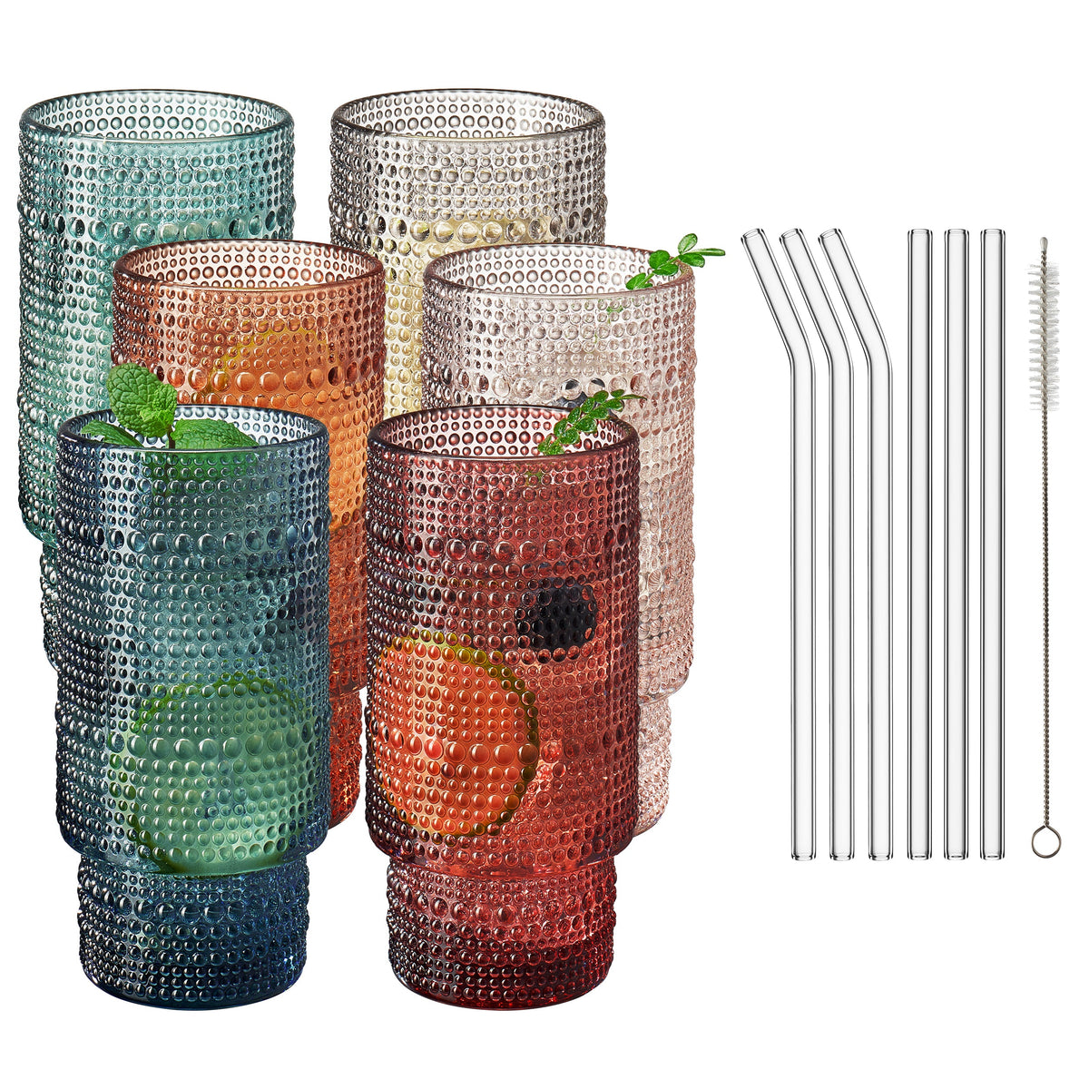 Highball Glassware, Set of 6 with 6 Glass Straws & Cleaner
