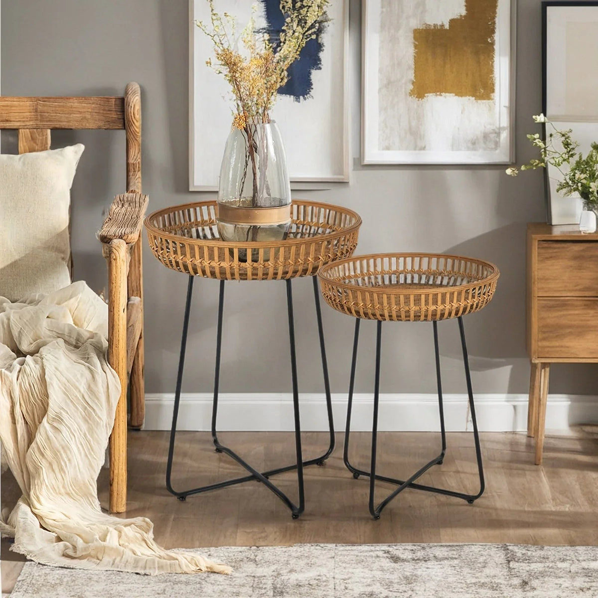 Oakrian Rattan Side Table Nesting Tables Set Of 2