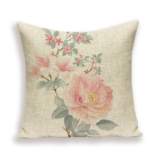 Decorative Plant Flower Throw Pillow Cover Soft Linen Cushion Cover