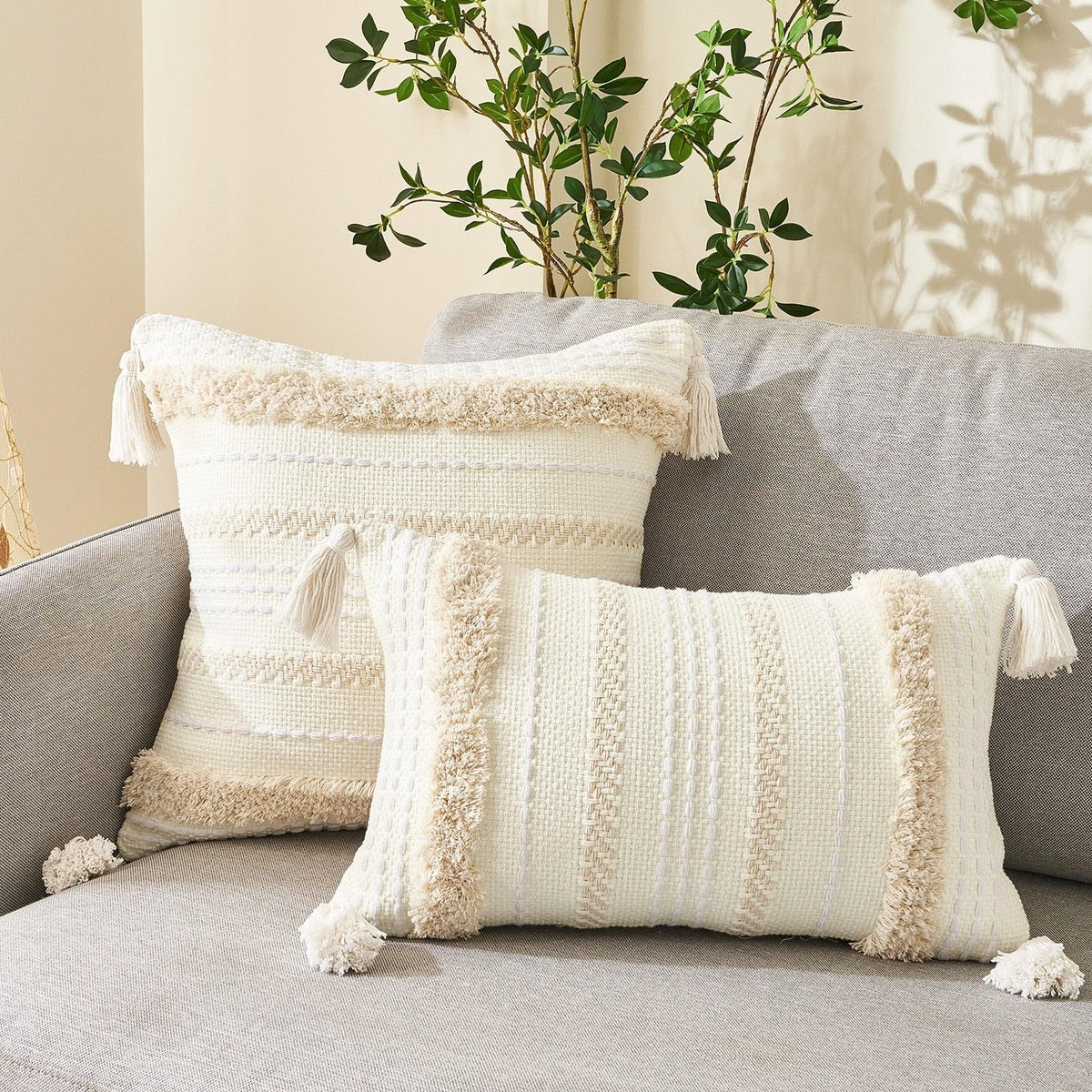 Cushion Cover Cotton Linen Pillowcase Tufted Beige Decorative